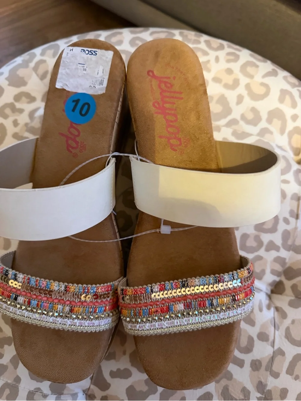 Jellypop Cream Slide Sandals with Multicolor Beaded Toe Strap